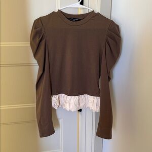 Zara Brown Puff-Sleeve Layered Hem Top